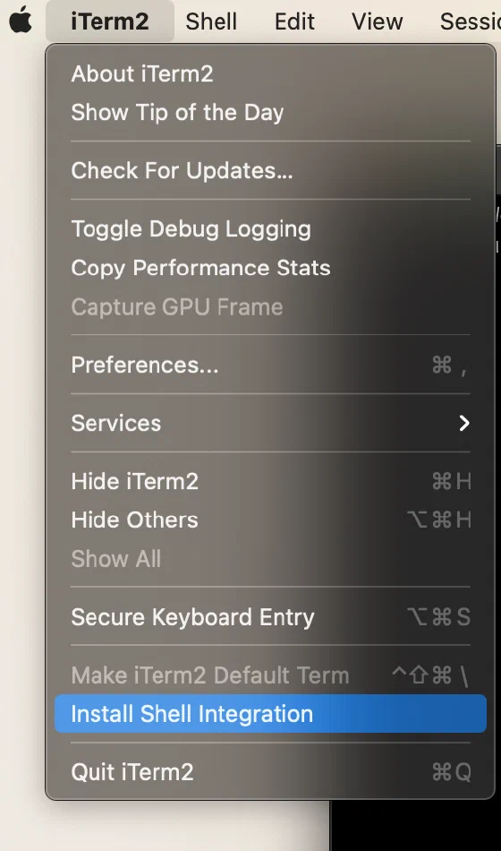 iTerm2-Menü mit dem Eintrag „Install Shell Integration“